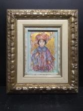 Framed Hand Crafted Marble Stone Lithograph by Edna Hibel with Paperwork