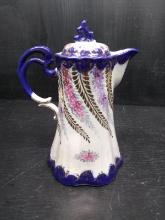 Unmarked Hand painted Blue Iridescent & Flower Teapot