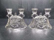 Pair Pressed Glass Double Arm Candlesticks