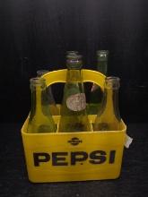 Yellow Plastic Pepsi Soda Crate with Assorted Beverage Bottles