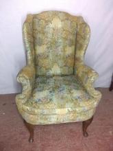 Upholstered Wingback Chair with Baroque Fabric with Queen Anne Legs