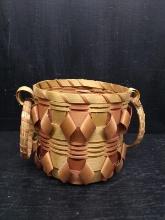 South Western Style Ribbon Woven Basket with Rolled Grass Handles