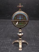 Religious Icon-Antique Brass and Enamel Wafer Carrier/Stand-Catholic