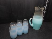 Paris of Vintage West Virginia Blendo Frosted Blue Pitcher with 5 Cups