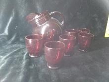 Ruby Red Glass Ball Pitcher with 6 Ruby Red Cups