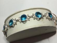 .925 Stamped 7" A A A Gorgeous Faceted Blue Topaz Link Bracelet Toggle Clasp