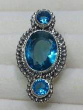 .925 A A A Gorgeous Faceted Blue Topaz Detailed Sz 8 Ring Wide Band