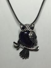 2" X 1 1/8" A A A Silver Antique Finish Amethyst Owl Pendant Great Detail On 18" Leather Cord