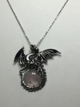 20" A A A Awesome Rose Quartz Antique Silver Finish Dragon Detailed Pendant On Free 18" Chain