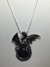 1 3/4" A A A Awesome Antique Silver Finish Amethyst Game Of Thrones Dragon Pendant On 18" .925 Chain