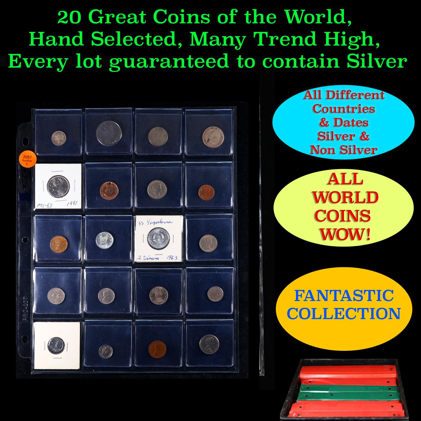 20 Great Coins of the World, hand selected, many trend high, every lot guaranteed to contain Silver.