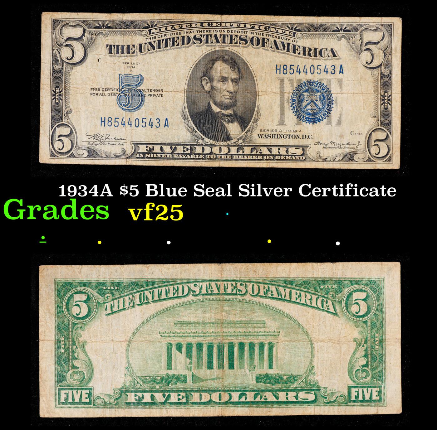 1934A $5 Blue Seal Silver Certificate Grades vf+