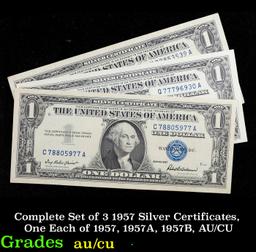 Complete Set of 3 1957 Silver Certificates, One Each of 1957, 1957A, 1957B, AU/CU $1 Blue Seal Silve