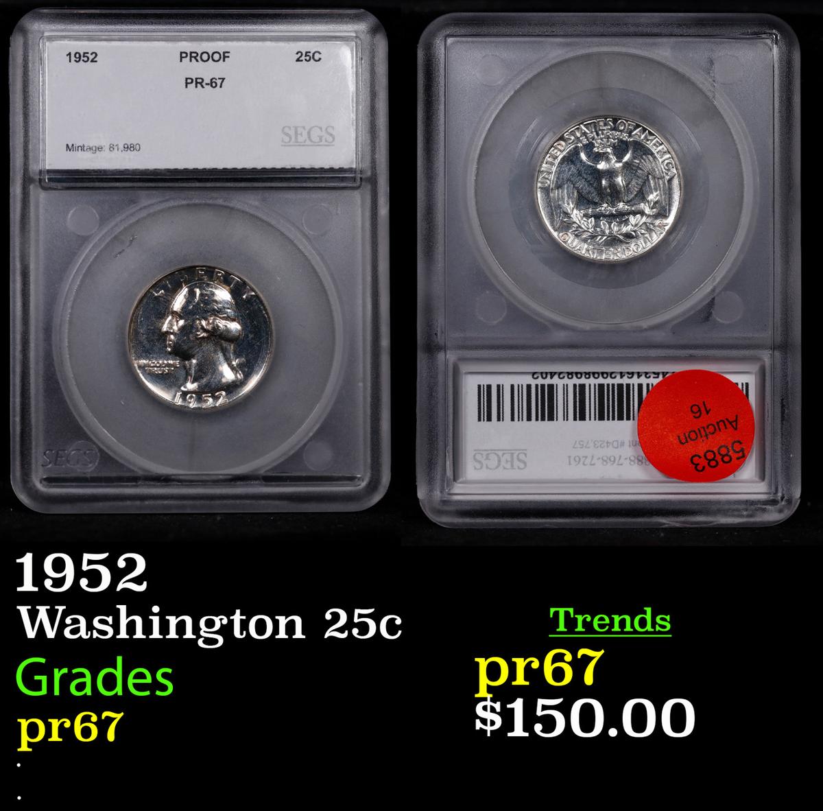 Proof 1952 Washington Quarter NEAR TOP POP! 25c Graded pr68 By SEGS