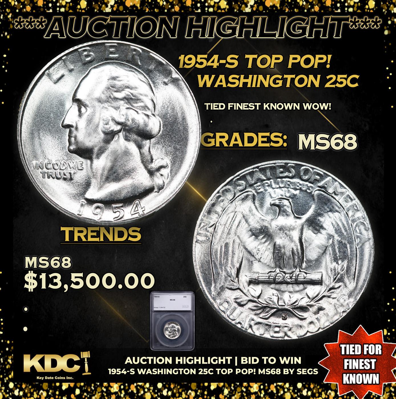 ***Auction Highlight*** 1954-s Washington Quarter TOP POP! 25c Graded ms68 BY SEGS (fc)