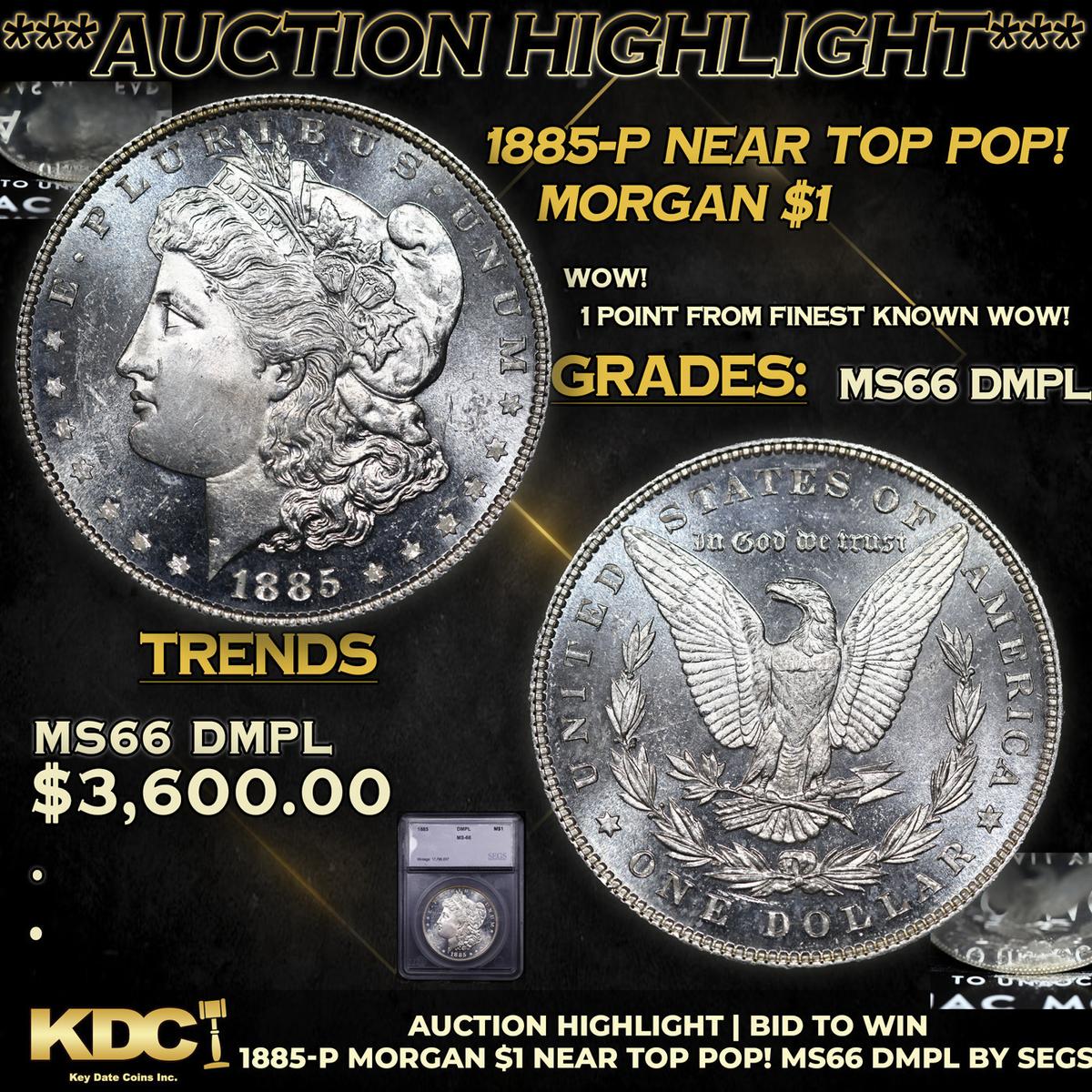 ***Auction Highlight*** 1885-p Morgan Dollar Near Top Pop! $1 Graded ms66 DMPL By SEGS (fc)