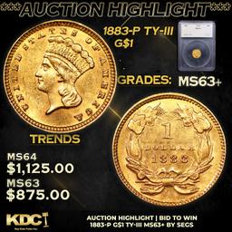 ***Auction Highlight*** 1883-p Gold Dollar TY-III $1 Graded ms63+ By SEGS (fc)