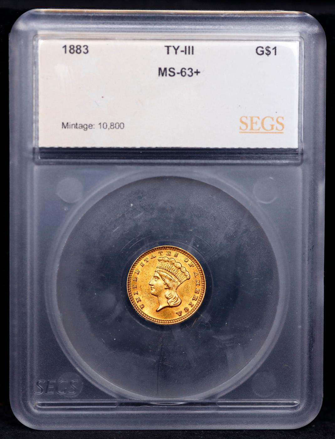 ***Auction Highlight*** 1883-p Gold Dollar TY-III $1 Graded ms63+ By SEGS (fc)