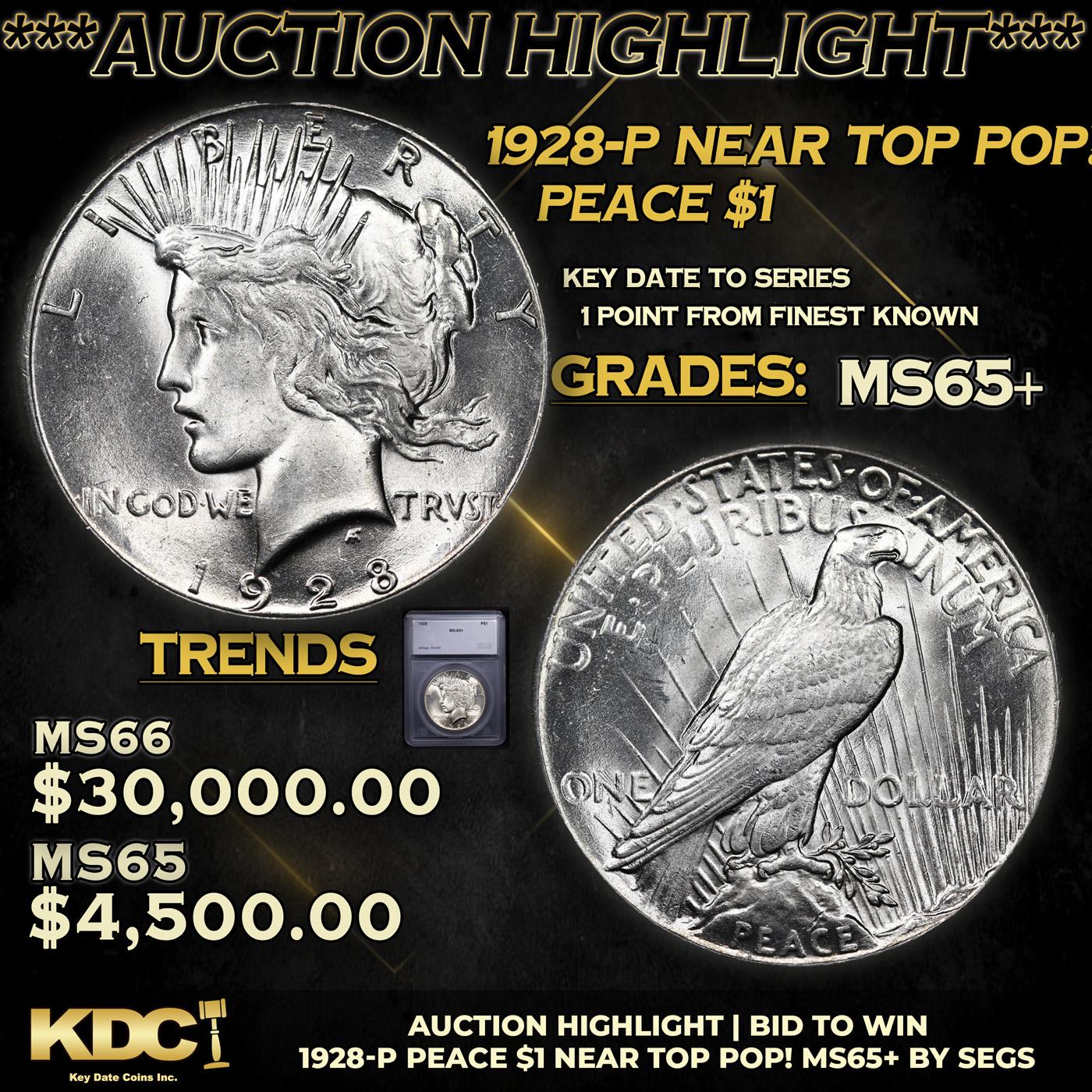 ***Auction Highlight*** 1928-p Peace Dollar Near Top Pop! $1 Graded ms65+ BY SEGS (fc)