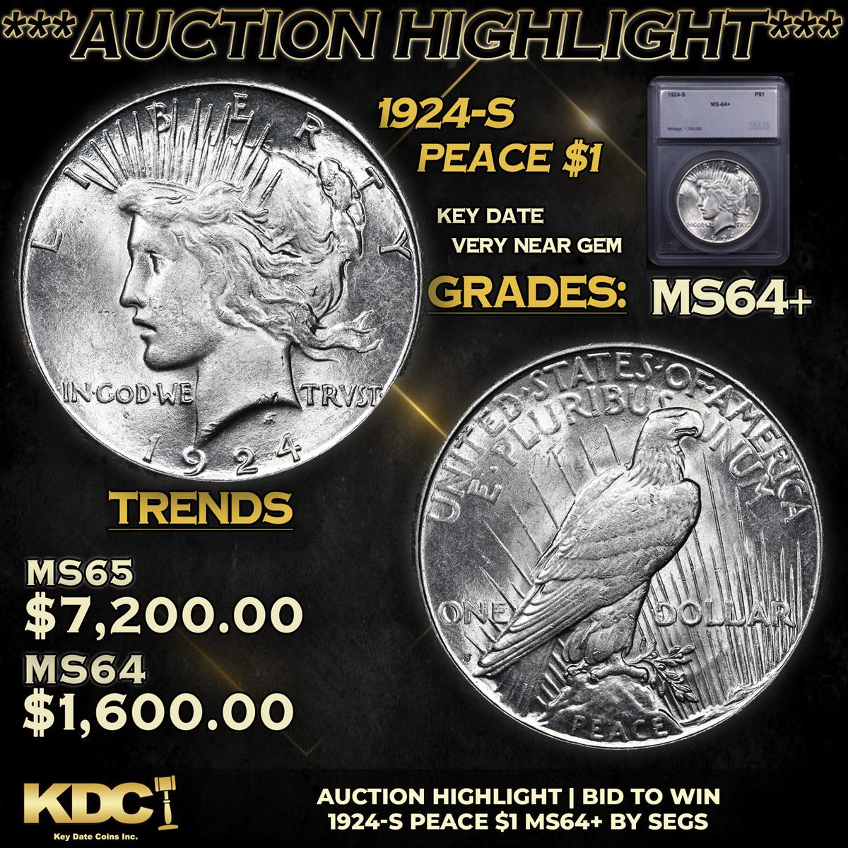 ***Auction Highlight*** 1924-s Peace Dollar $1 Graded ms64+ BY SEGS (fc)