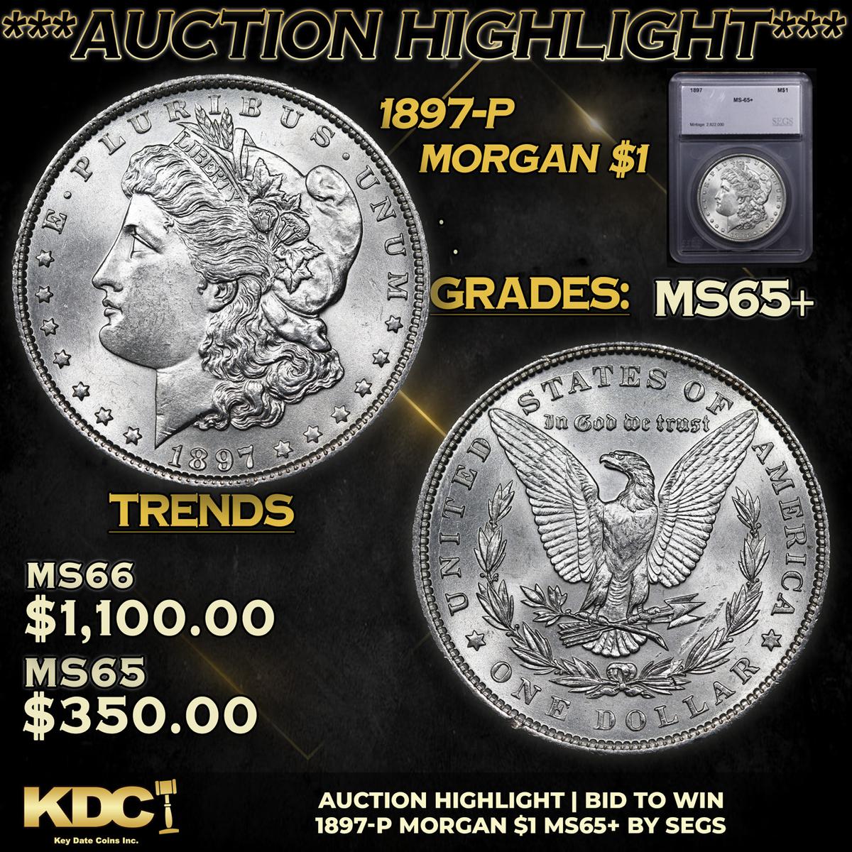 ***Auction Highlight*** 1897-p Morgan Dollar $1 Graded ms65+ BY SEGS (fc)