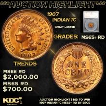 ***Auction Highlight*** 1907 Indian Cent 1c Graded ms65+ rd By SEGS (fc)