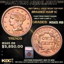 ***Auction Highlight*** 1857 Small date Braided Hair Large Cent Near TOP POP! 1c Graded ms65 RB By S