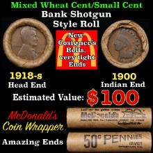 Small Cent Mixed Roll Orig Brandt McDonalds Wrapper, 1918-s Lincoln Wheat end, 1900 Indian other end