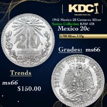 1942 Mexico 20 Centavos Silver Santos Collection KM# 438 Grades GEM+ Unc