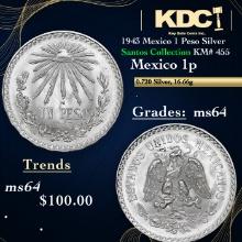 1943 Mexico 1 Peso Silver Santos Collection KM# 455 Grades Choice Unc