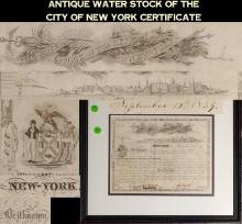 Antique Water Stock of the City of New York Certificate Framed