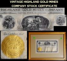 Vintage Highland Gold Mines Company Stock Certificate Framed