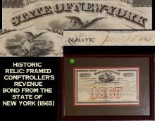 Historic Relic: Framed Comptroller's Revenue Bond from the State of New York (1865)