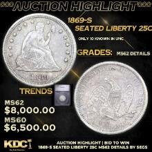 ***Auction Highlight*** 1869-s Seated Liberty Quarter 25c Graded ms62 details BY SEGS (fc)