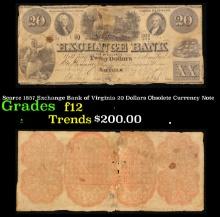 Scarce 1857 Exchange Bank of Virginia 20 Dollars Obsolete Currency Note Grades f, fine