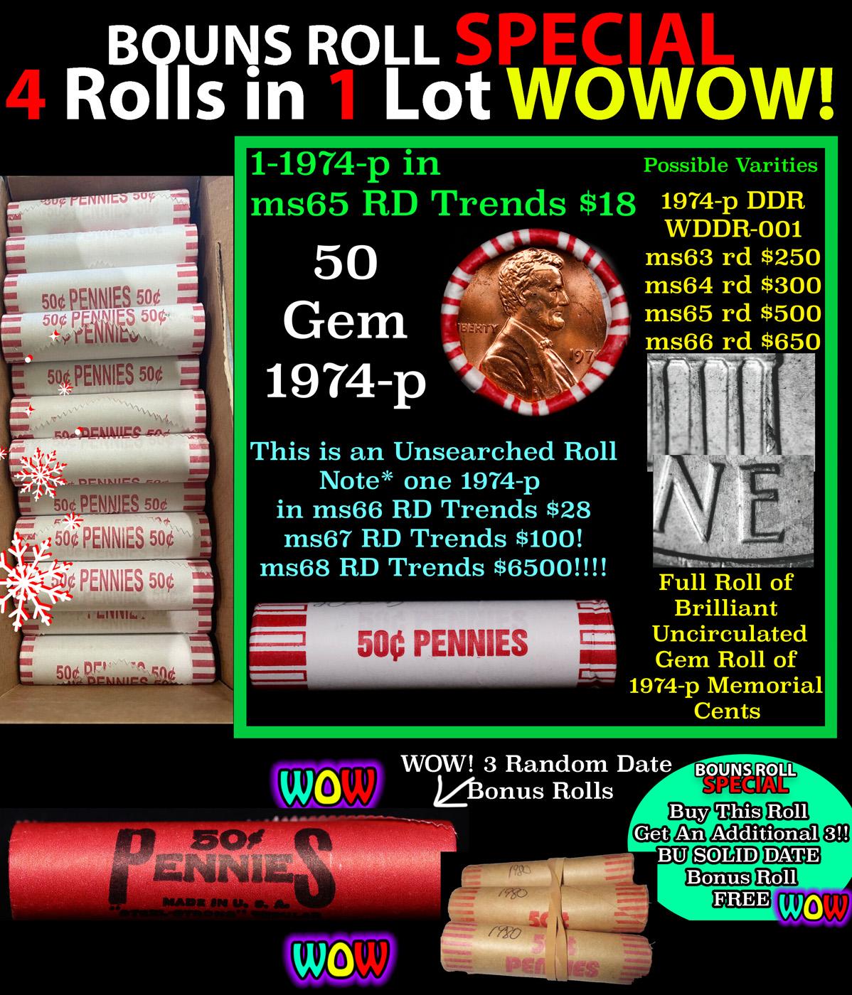 THIS AUCTION ONLY! BU Shotgun Lincoln 1c roll, 1974-p 50 pcs Plus THREE bonus random date BU roll! B