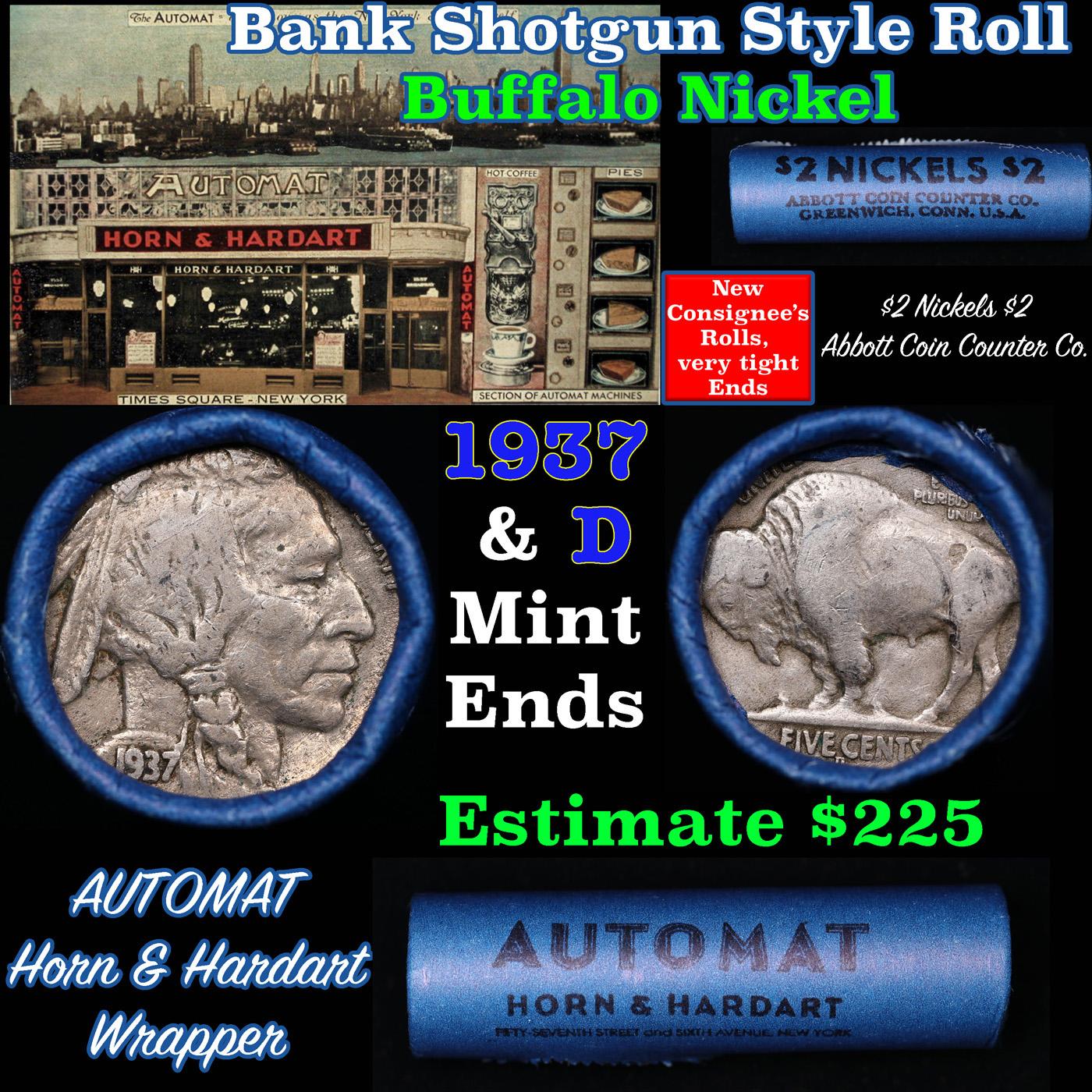 Buffalo Nickel Shotgun Roll in Old Bank Style 'Abbott Coin Counter & Automat' Wrapper 1937 & d Mint