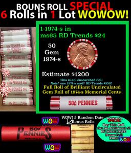 THIS AUCTION ONLY! BU Shotgun Lincoln 1c roll, 1974-s 50 pcs Plus FIVE bonus random date BU roll! Ba