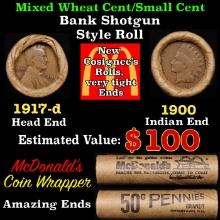 Lincoln Wheat Cent 1c Mixed Roll Orig Brandt McDonalds Wrapper, 1917-d end, 1900 Indian other end