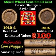 Lincoln Wheat Cent 1c Mixed Roll Orig Brandt McDonalds Wrapper, 1919-d end, 1904 Indian other end