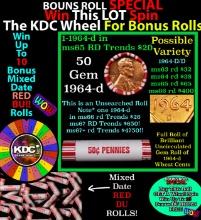 1-10 FREE BU RED Penny rolls with win of this 1964-d SOLID RED BU Lincoln 1c roll incredibly FUN whe
