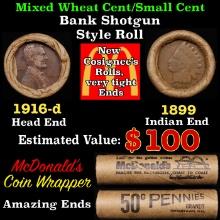 Lincoln Wheat Cent 1c Mixed Roll Orig Brandt McDonalds Wrapper, 1919-d end, 1899 Indian other end