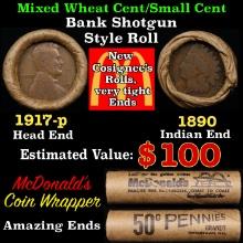 Small Cent Mixed Roll Orig Brandt McDonalds Wrapper, 1917-p Lincoln Wheat end, 1890 Indian other end