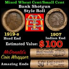 Small Cent Mixed Roll Orig Brandt McDonalds Wrapper, 1919-s Lincoln Wheat end, 1907 Indian other end