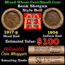 Small Cent Mixed Roll Orig Brandt McDonalds Wrapper, 1917-p Lincoln Wheat end, 1904 Indian other end