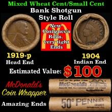 Small Cent Mixed Roll Orig Brandt McDonalds Wrapper, 1919-p Lincoln Wheat end, 1904 Indian other end