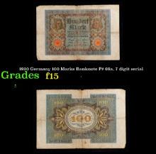 1920 Germany 100 Marks Banknote P# 69a, 7 digit serial Grades f+