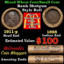Small Cent Mixed Roll Orig Brandt McDonalds Wrapper, 1911-p Lincoln Wheat end, 1898 Indian other end
