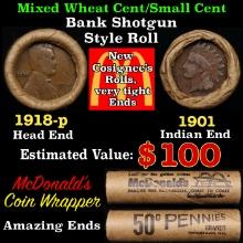 Small Cent Mixed Roll Orig Brandt McDonalds Wrapper, 1918-p Lincoln Wheat end, 1901 Indian other end