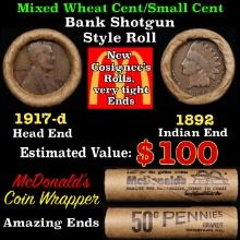 Small Cent Mixed Roll Orig Brandt McDonalds Wrapper, 1917-d Lincoln Wheat end, 1892 Indian other end
